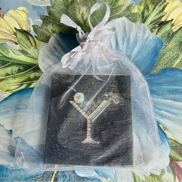 MARTINI MAKEUP COMPACT BLACK ENAMEL SILVER TONE METAL CRYSTAL DBL MIRROR VTG EUC - Picture 3 of 6